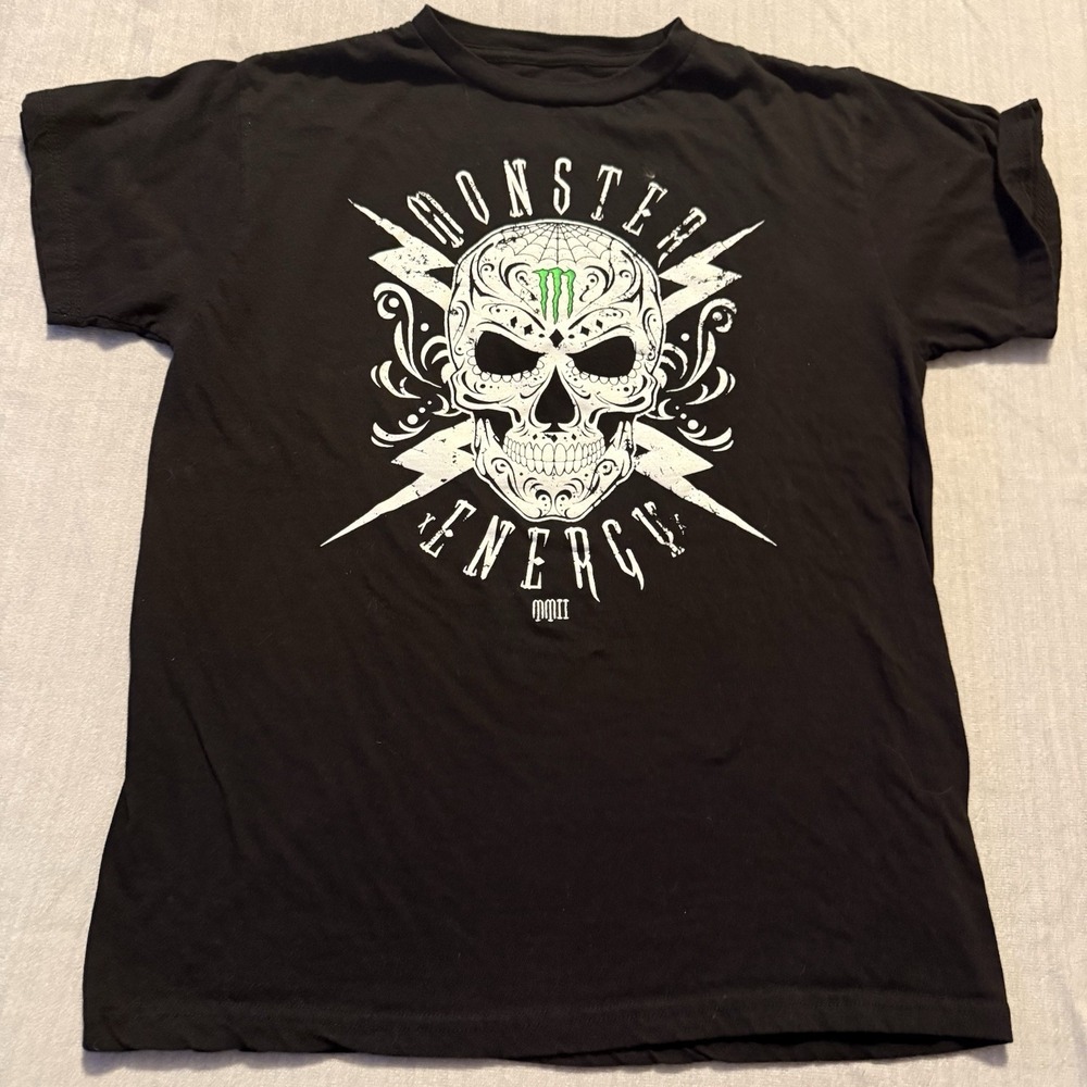 Monster Energy Skull Graphic T Shirt Black Men Medium Cotton Biker Punk Tee